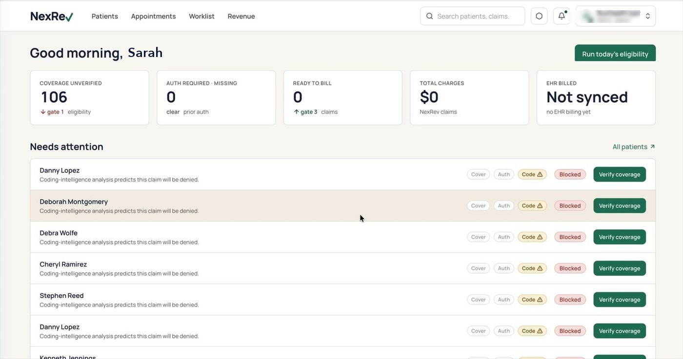 The Precision dashboard listing the morning's patients with coverage, authorization and coding status.