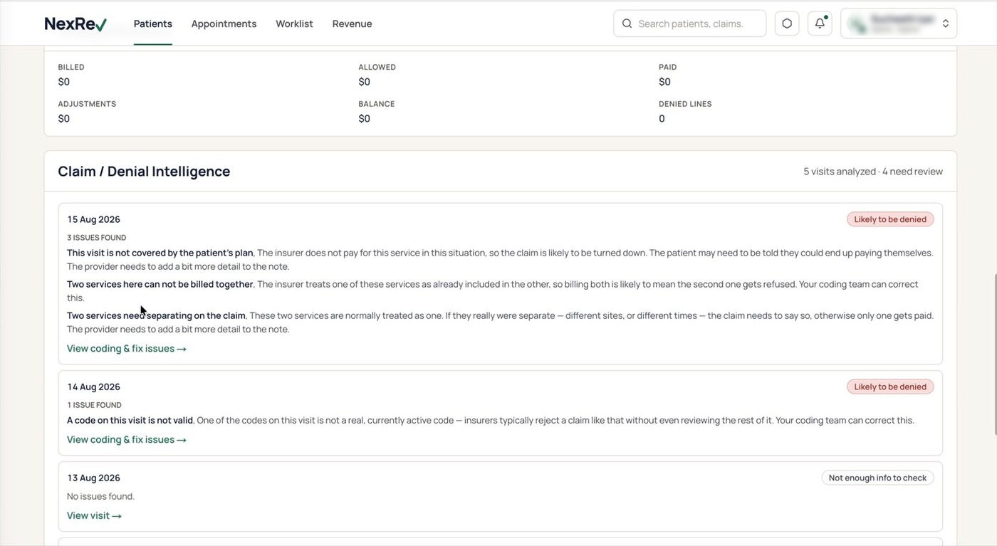 Precision's denial intelligence view, explaining each problem found on a claim in plain English.